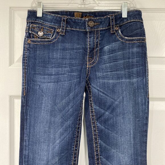 Kut from the Kloth denim blue jeans sz 6 flare leg button flap pockets low rise - Picture 2 of 9